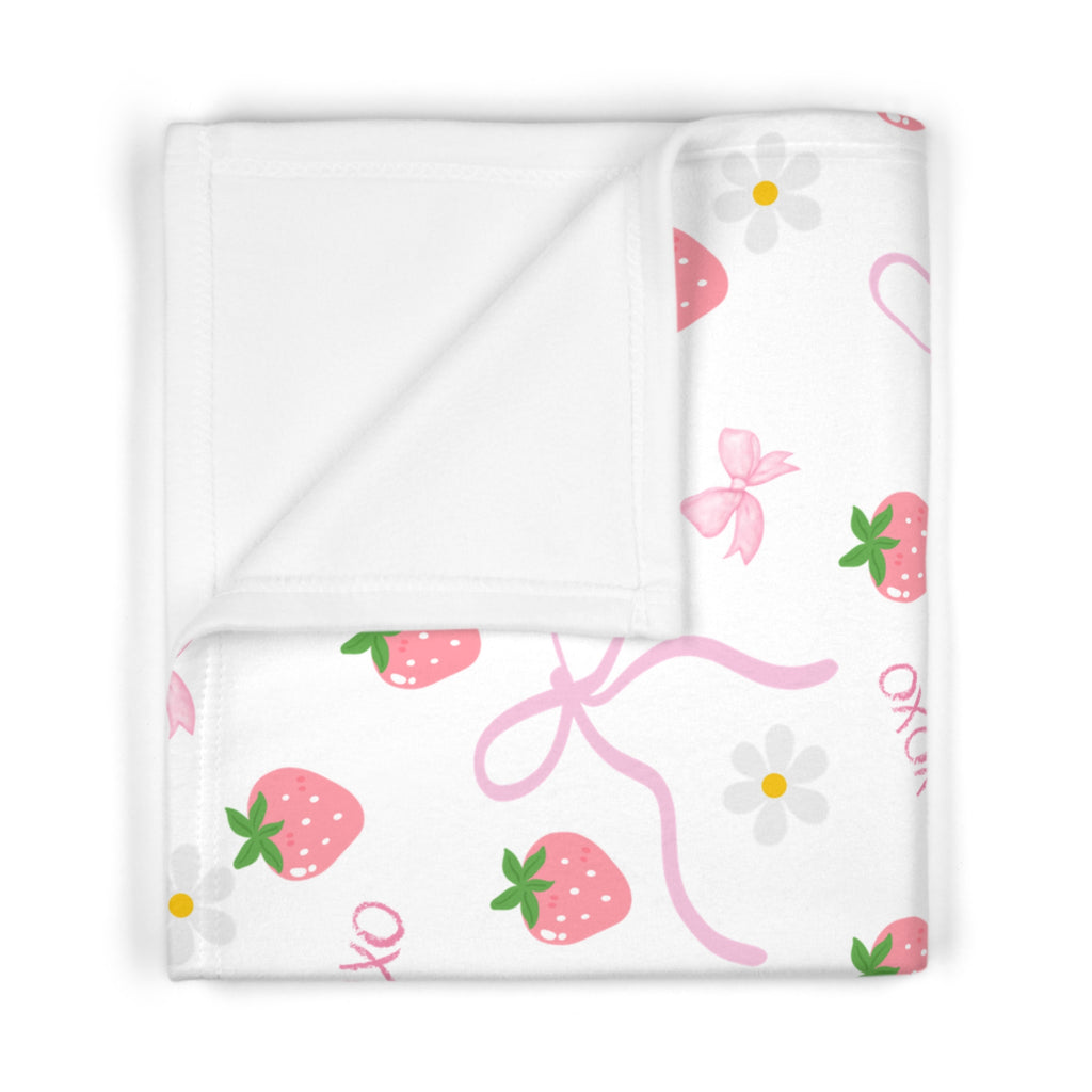 Strawberry & Bow Soft Fleece Baby Blanket — Cute Pink XOXO Nursery Throw
