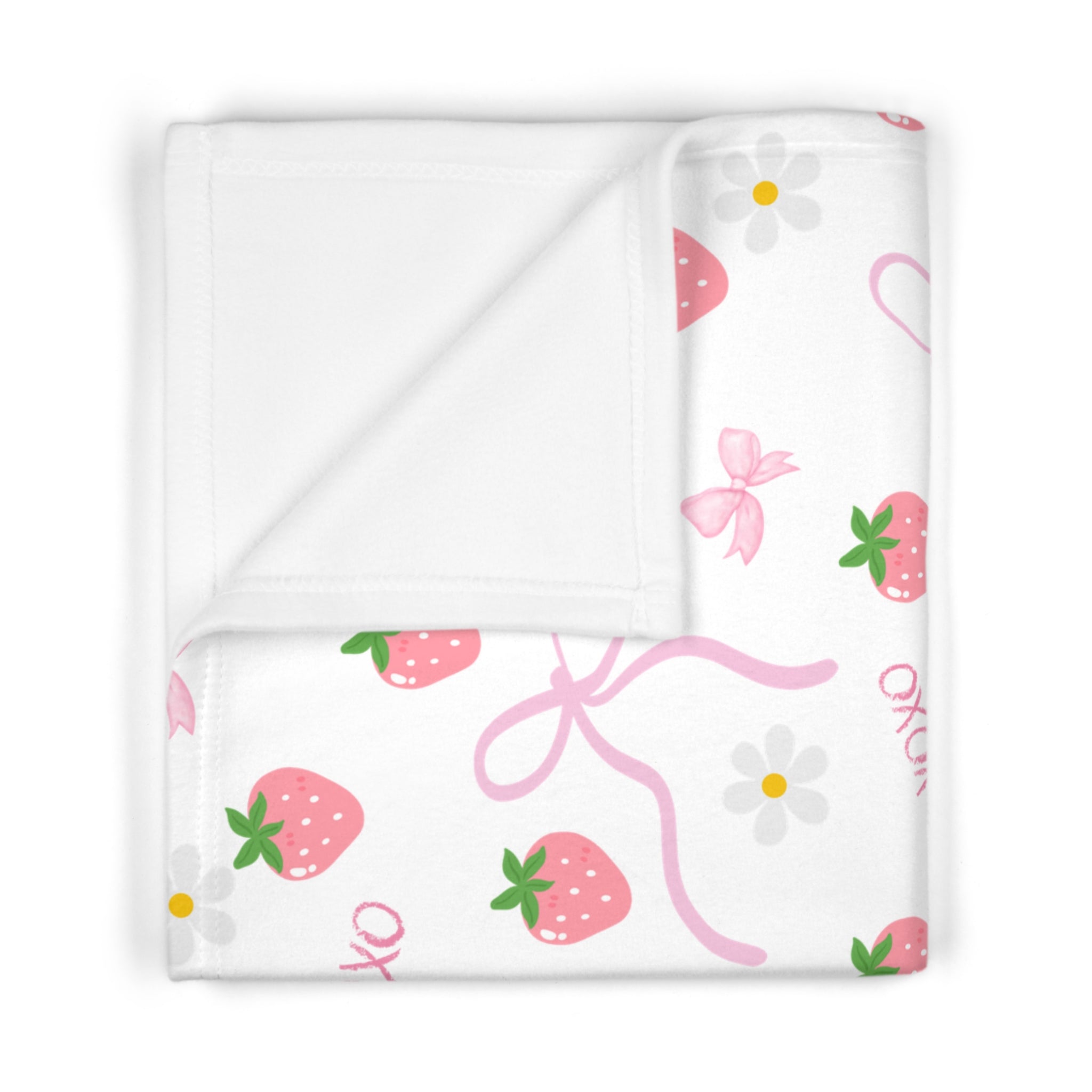 Strawberry & Bow Soft Fleece Baby Blanket — Cute Pink XOXO Nursery Throw