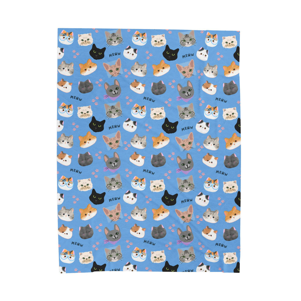 Cat Faces Velveteen Plush Blanket — Cute Kitty Pattern Cozy Throw