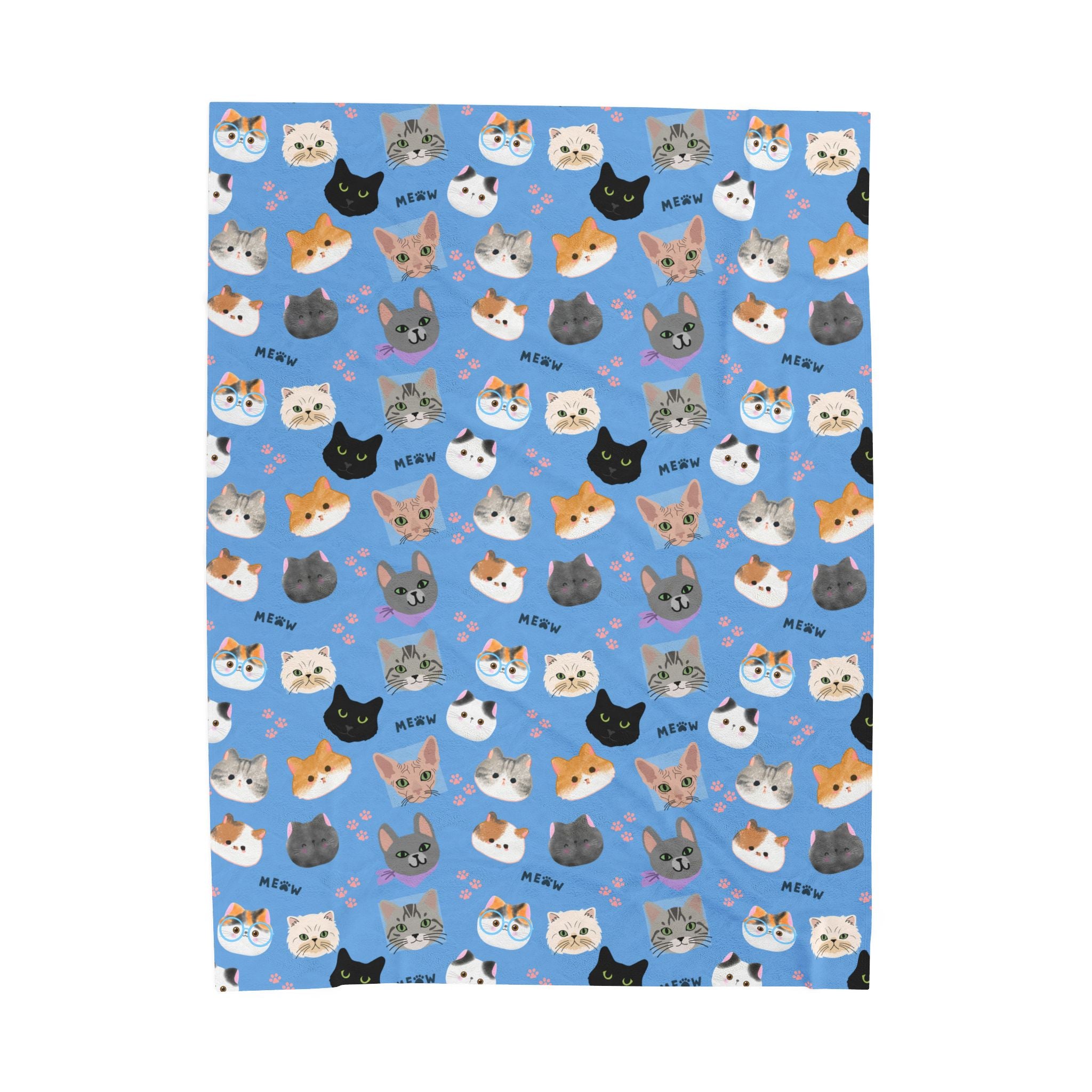 Cat Faces Velveteen Plush Blanket — Cute Kitty Pattern Cozy Throw