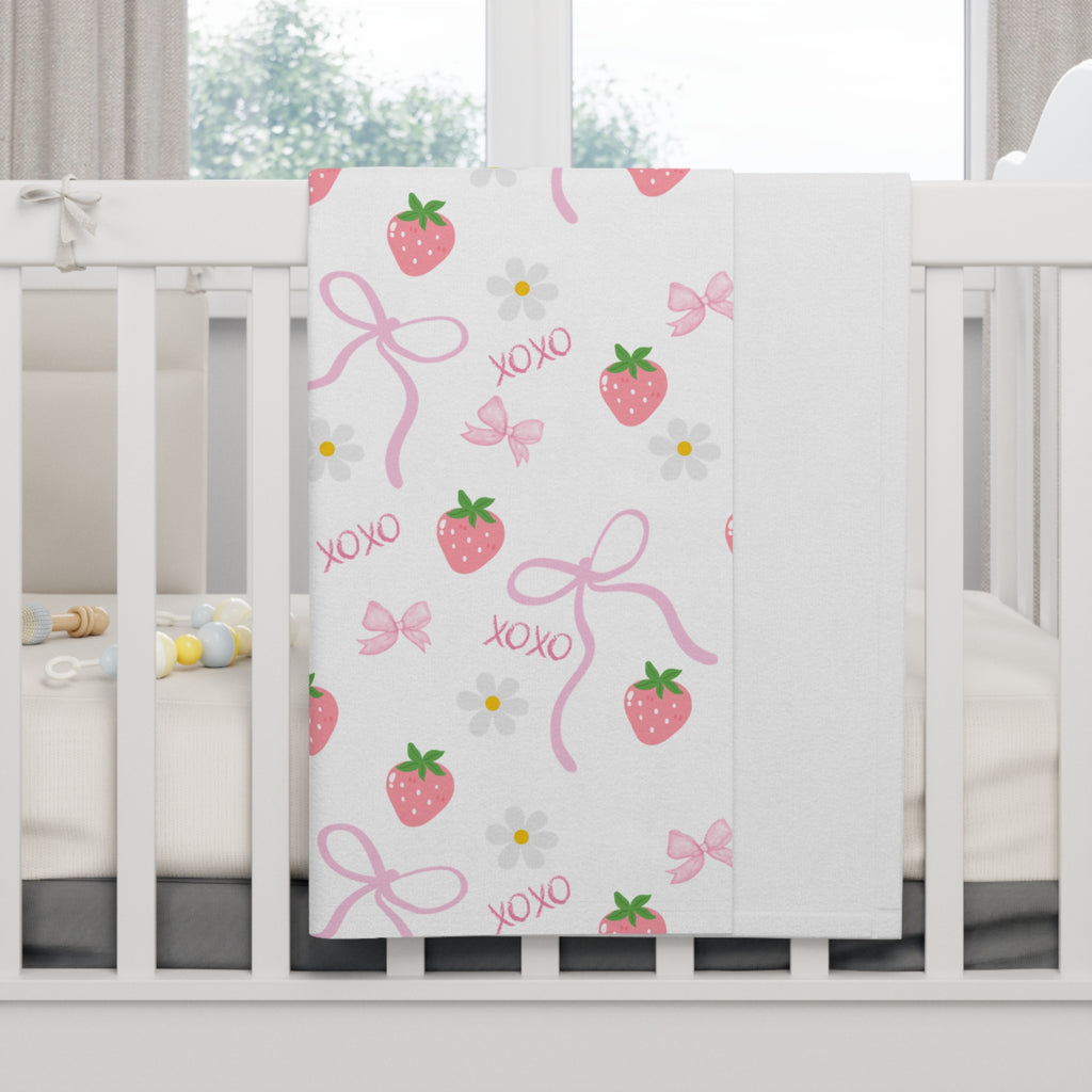 Strawberry & Bow Soft Fleece Baby Blanket — Cute Pink XOXO Nursery Throw