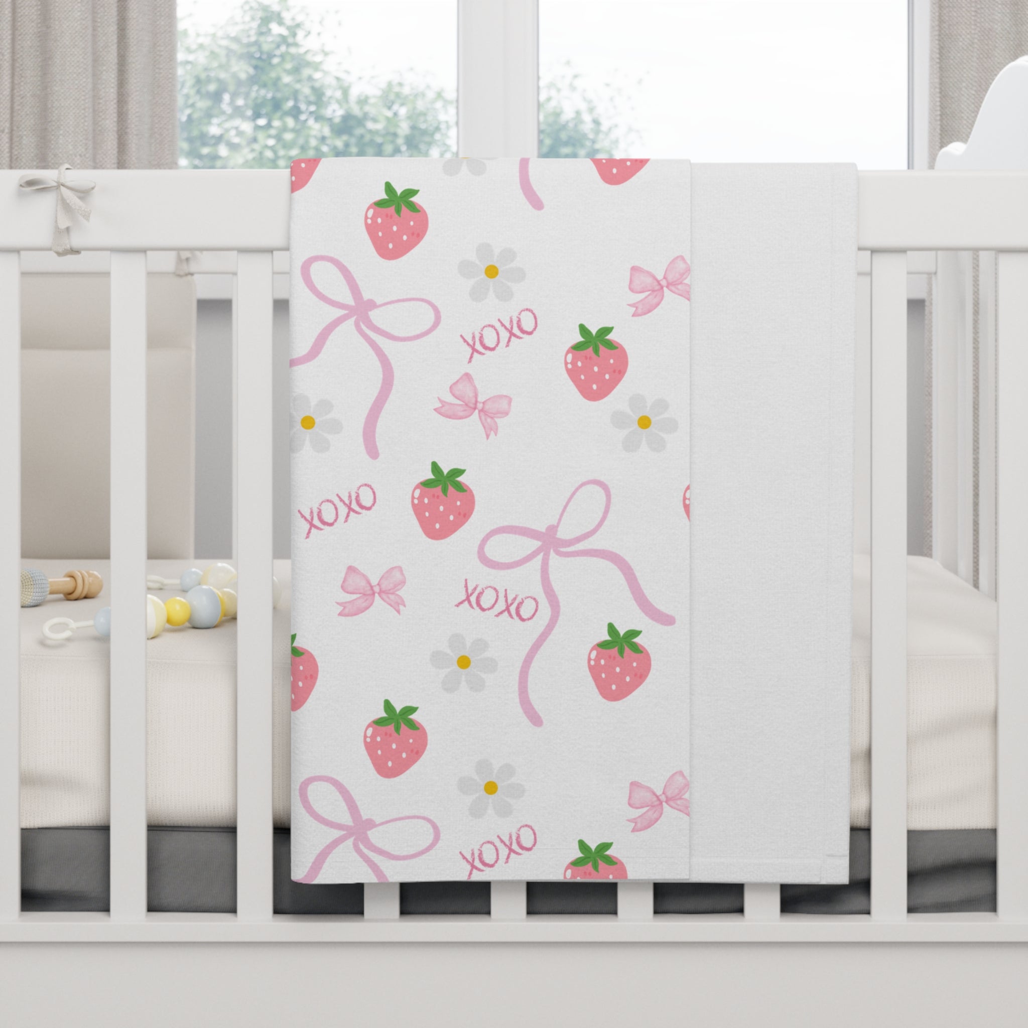 Strawberry & Bow Soft Fleece Baby Blanket — Cute Pink XOXO Nursery Throw