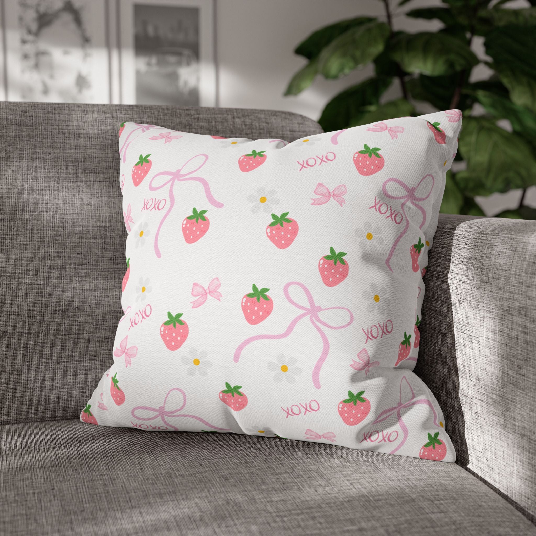 Strawberry Kisses Square Pillowcase — Cute Pink Bow & "XOXO" Decorative Throw Pillow Cover