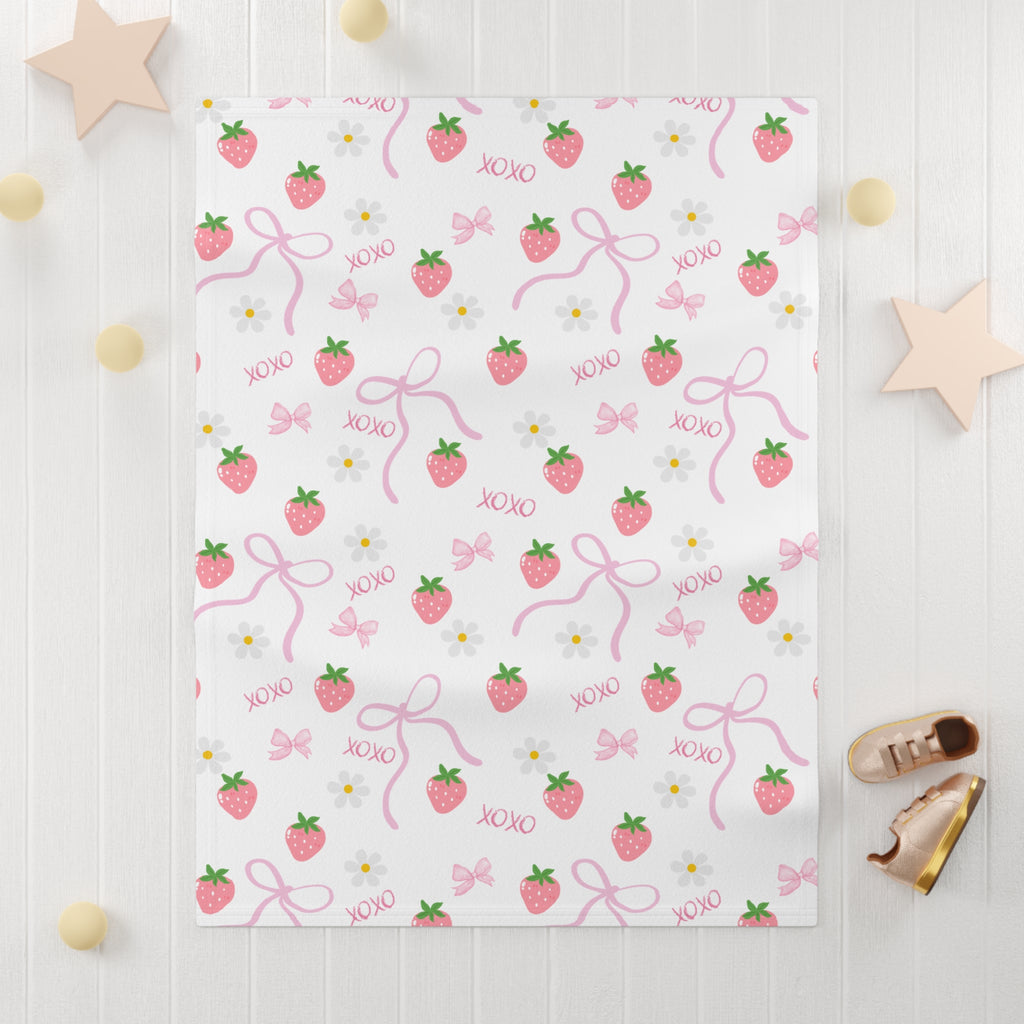 Strawberry & Bow Soft Fleece Baby Blanket — Cute Pink XOXO Nursery Throw