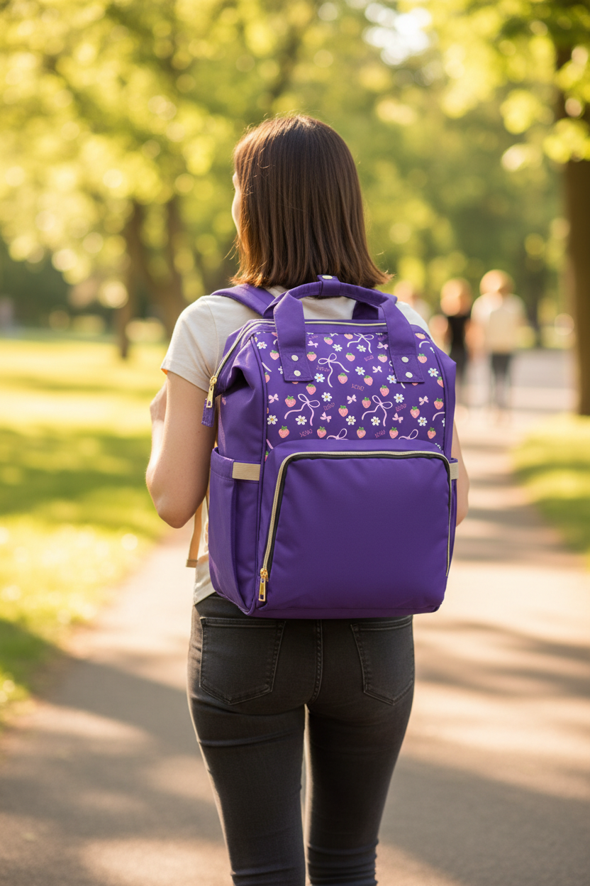 Purple Floral Diaper Backpack — Multifunctional Baby Changing Bag