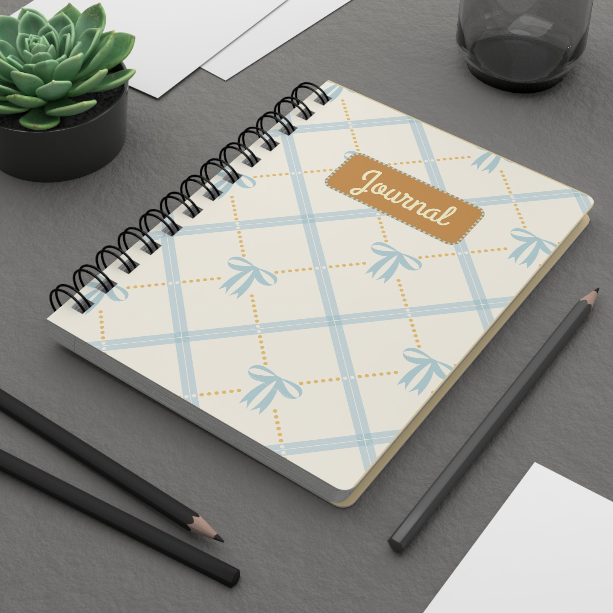 Spiral Journal — Pastel Blue Bow Plaid Notebook ("Journal")