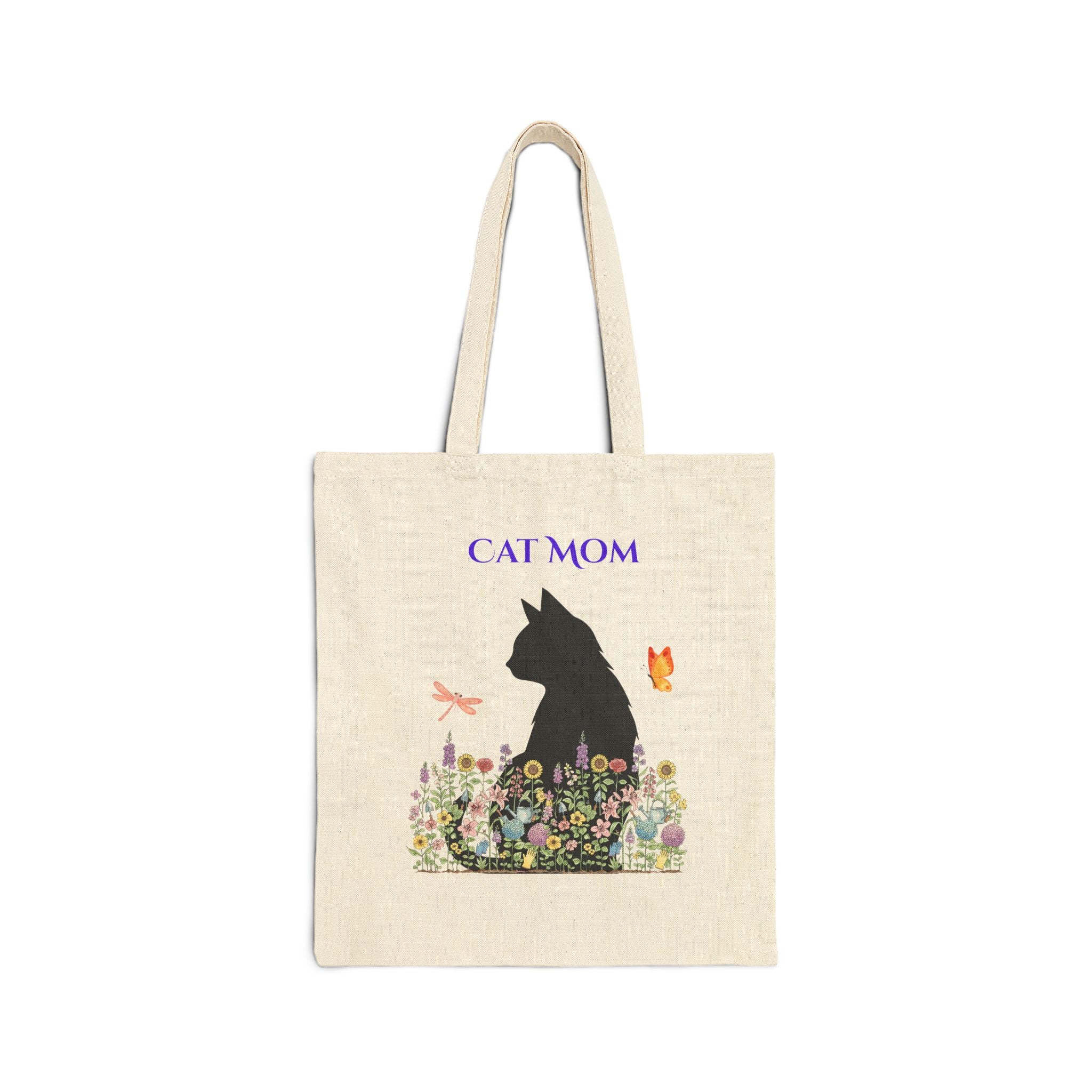 Cat Mom Canvas Tote Bag — Floral Black Cat Silhouette Reusable Grocery & Gift Tote