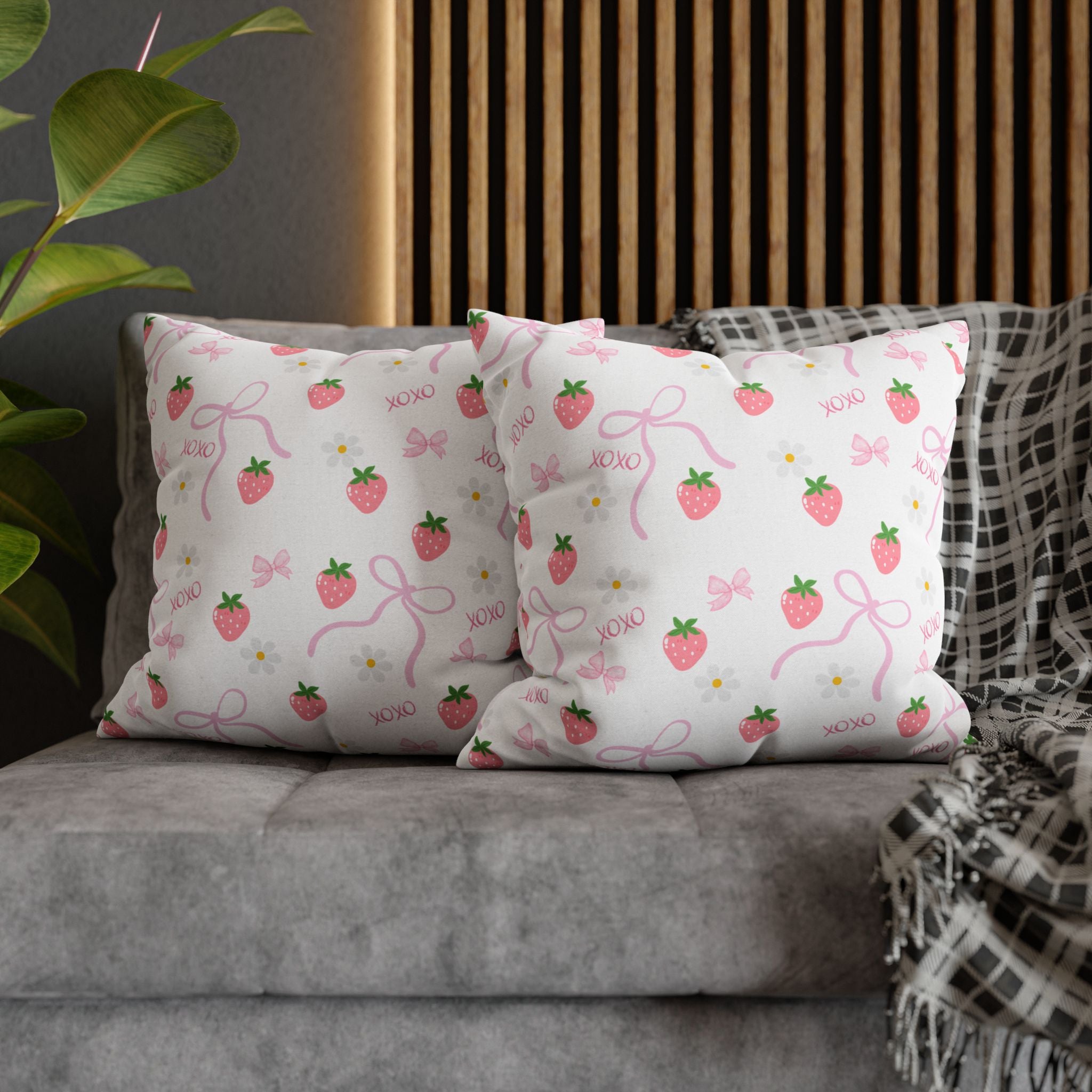Strawberry Kisses Square Pillowcase — Cute Pink Bow & "XOXO" Decorative Throw Pillow Cover