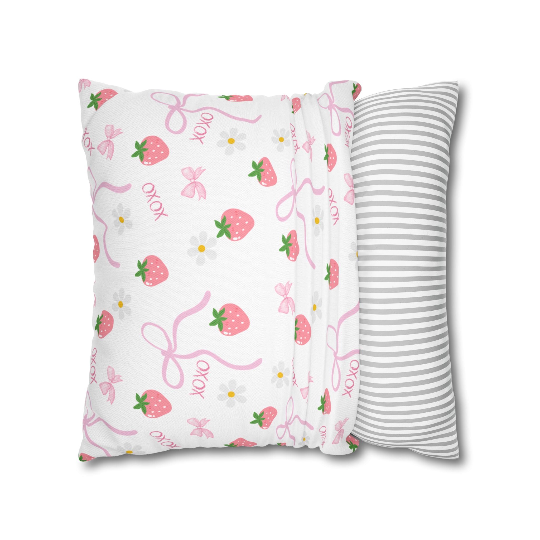 Strawberry Kisses Square Pillowcase — Cute Pink Bow & "XOXO" Decorative Throw Pillow Cover