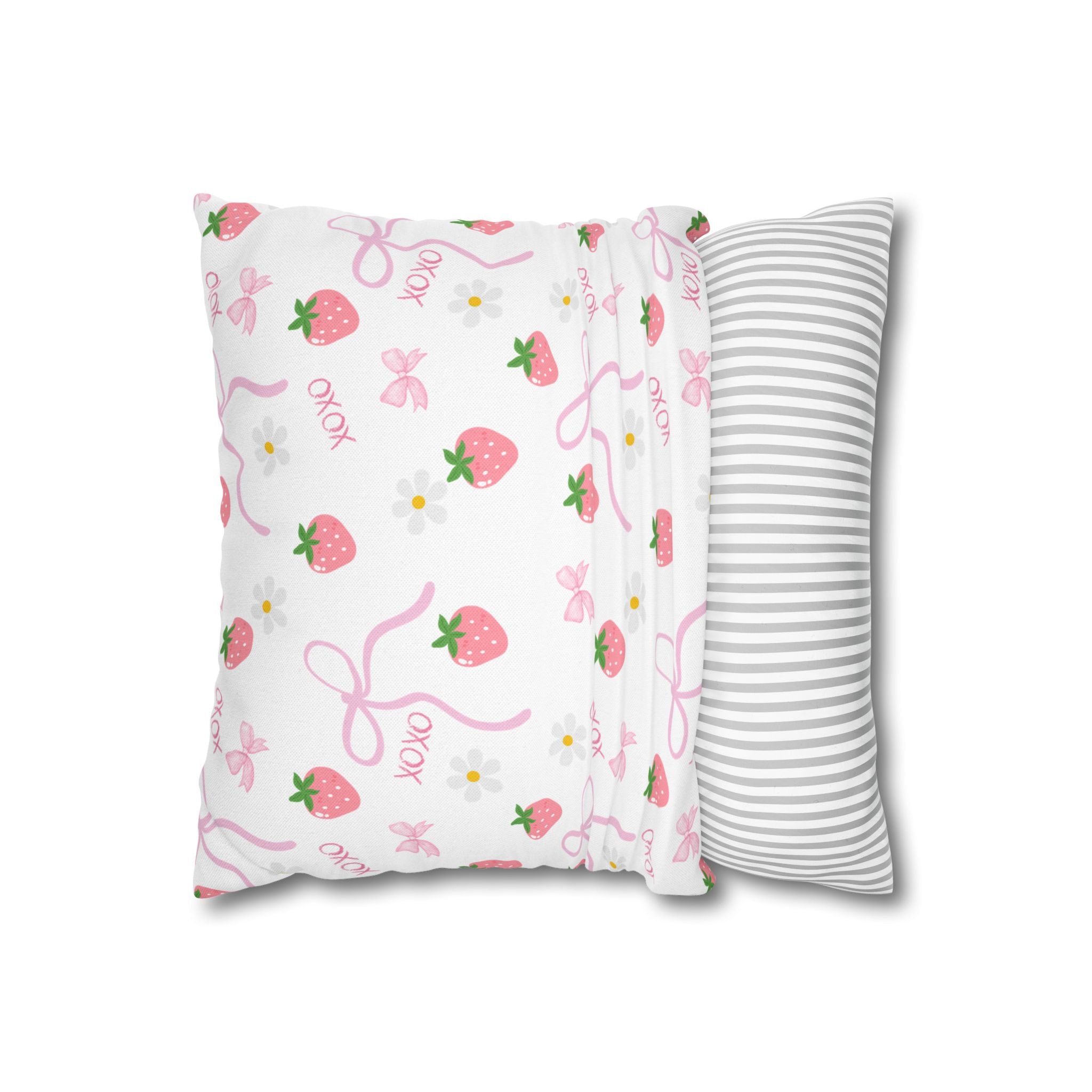 Strawberry Kisses Square Pillowcase — Cute Pink Bow & "XOXO" Decorative Throw Pillow Cover