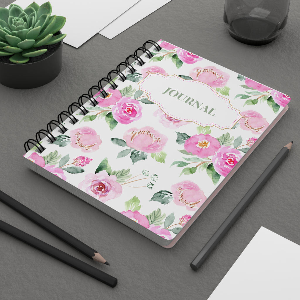 Floral Pink Watercolor Spiral Journal — "Journal" Covered Notebook for Notes & Gifts