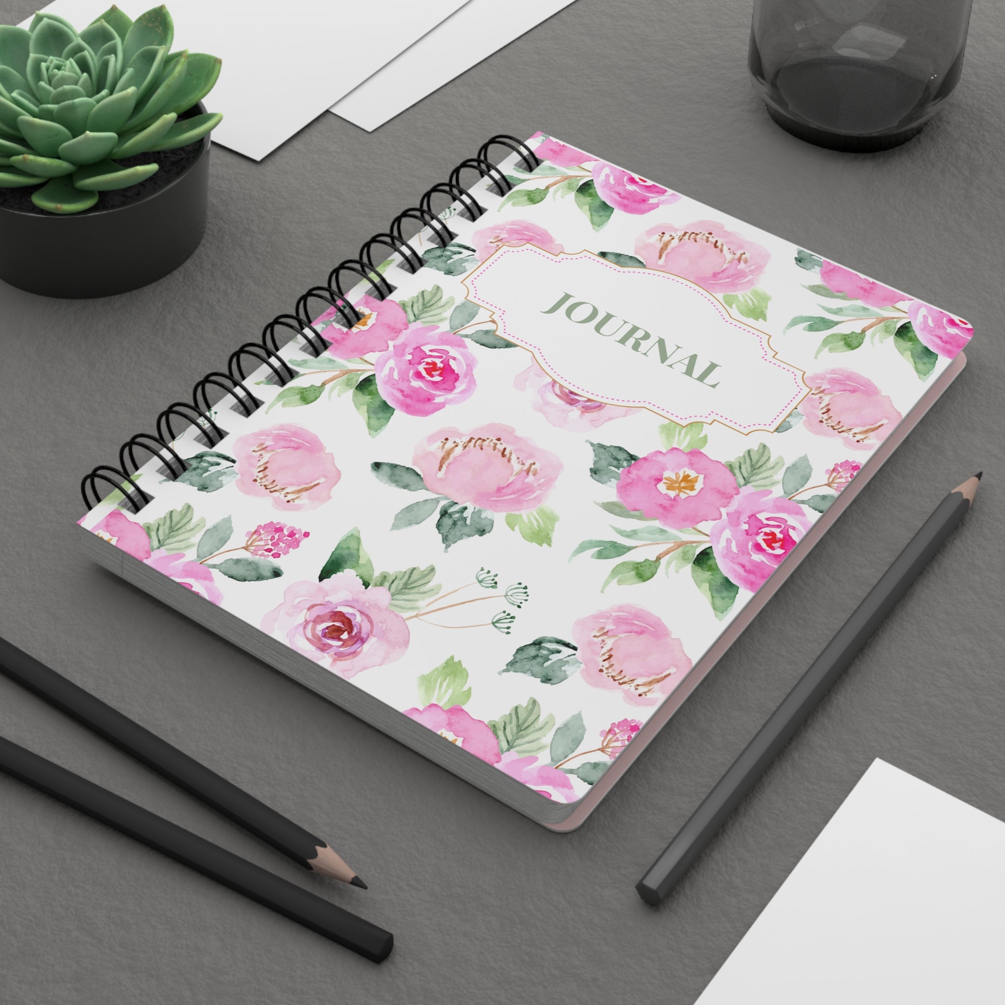 Floral Pink Watercolor Spiral Journal — "Journal" Covered Notebook for Notes & Gifts