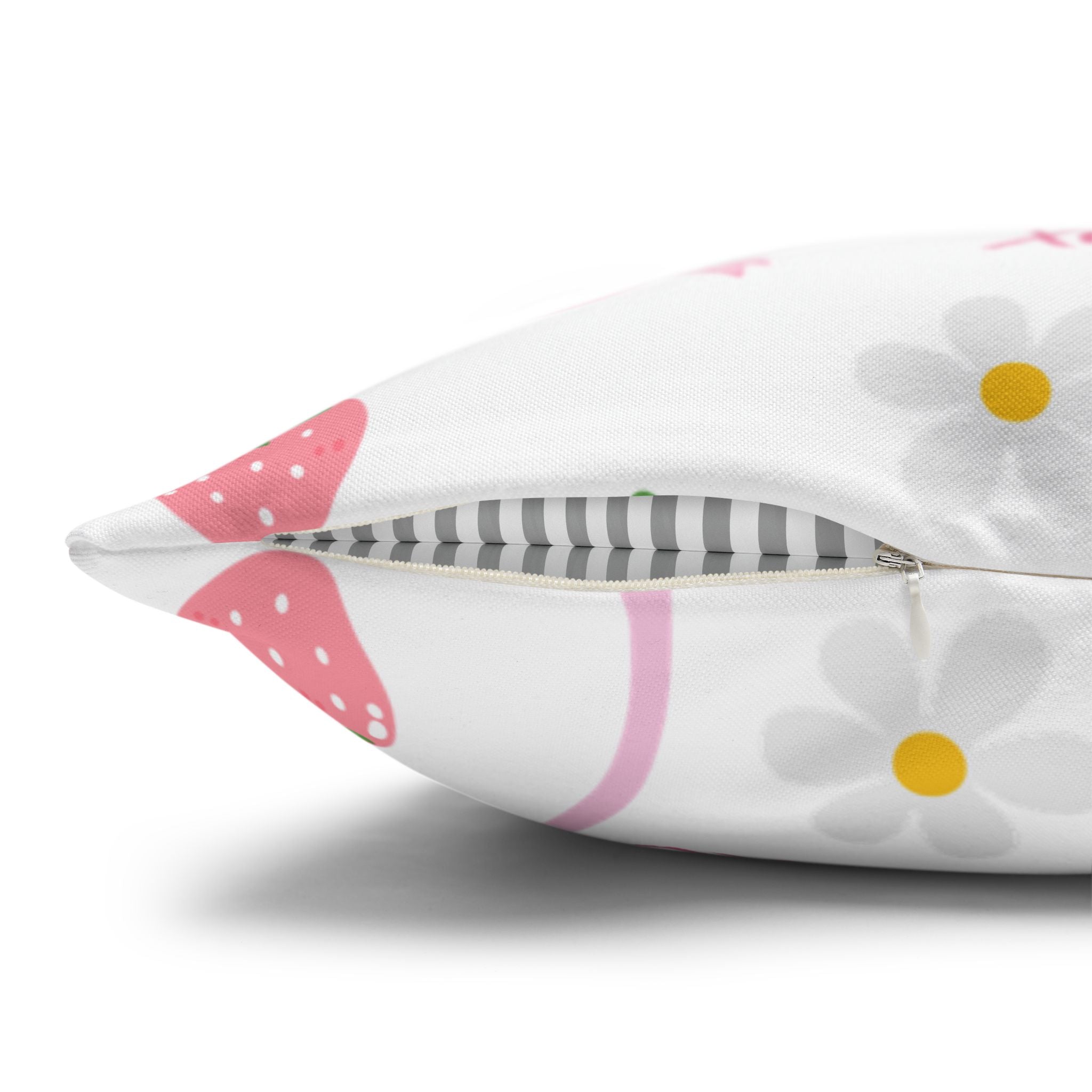 Strawberry Kisses Square Pillowcase — Cute Pink Bow & "XOXO" Decorative Throw Pillow Cover