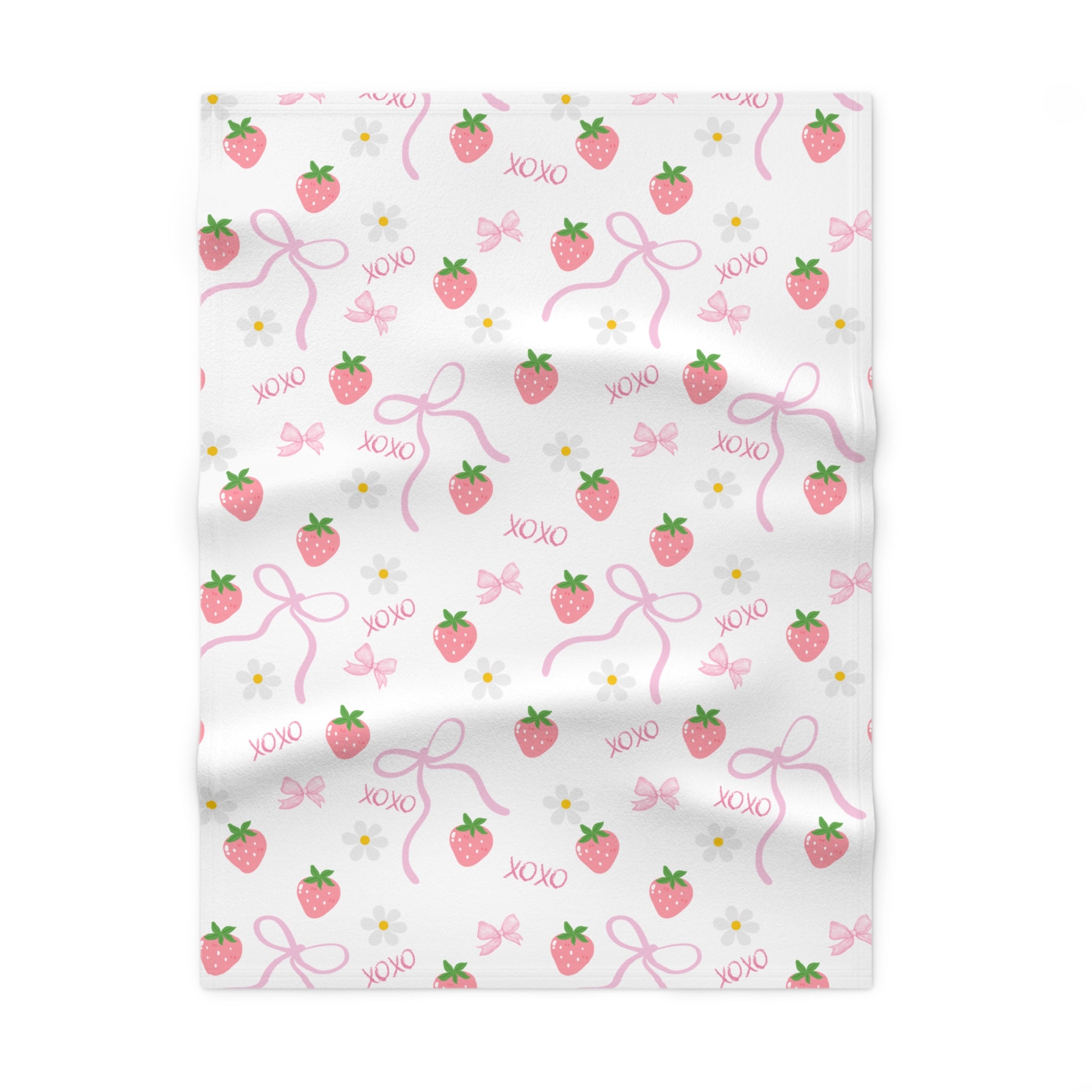 Strawberry & Bow Soft Fleece Baby Blanket — Cute Pink XOXO Nursery Throw
