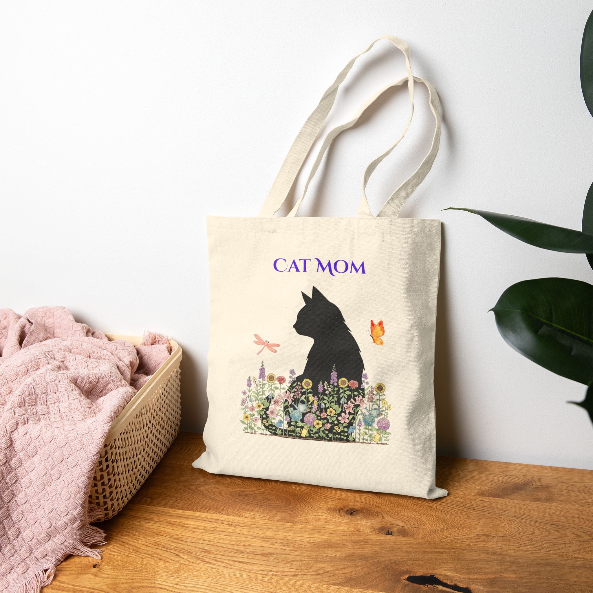 Cat Mom Canvas Tote Bag — Floral Black Cat Silhouette Reusable Grocery & Gift Tote