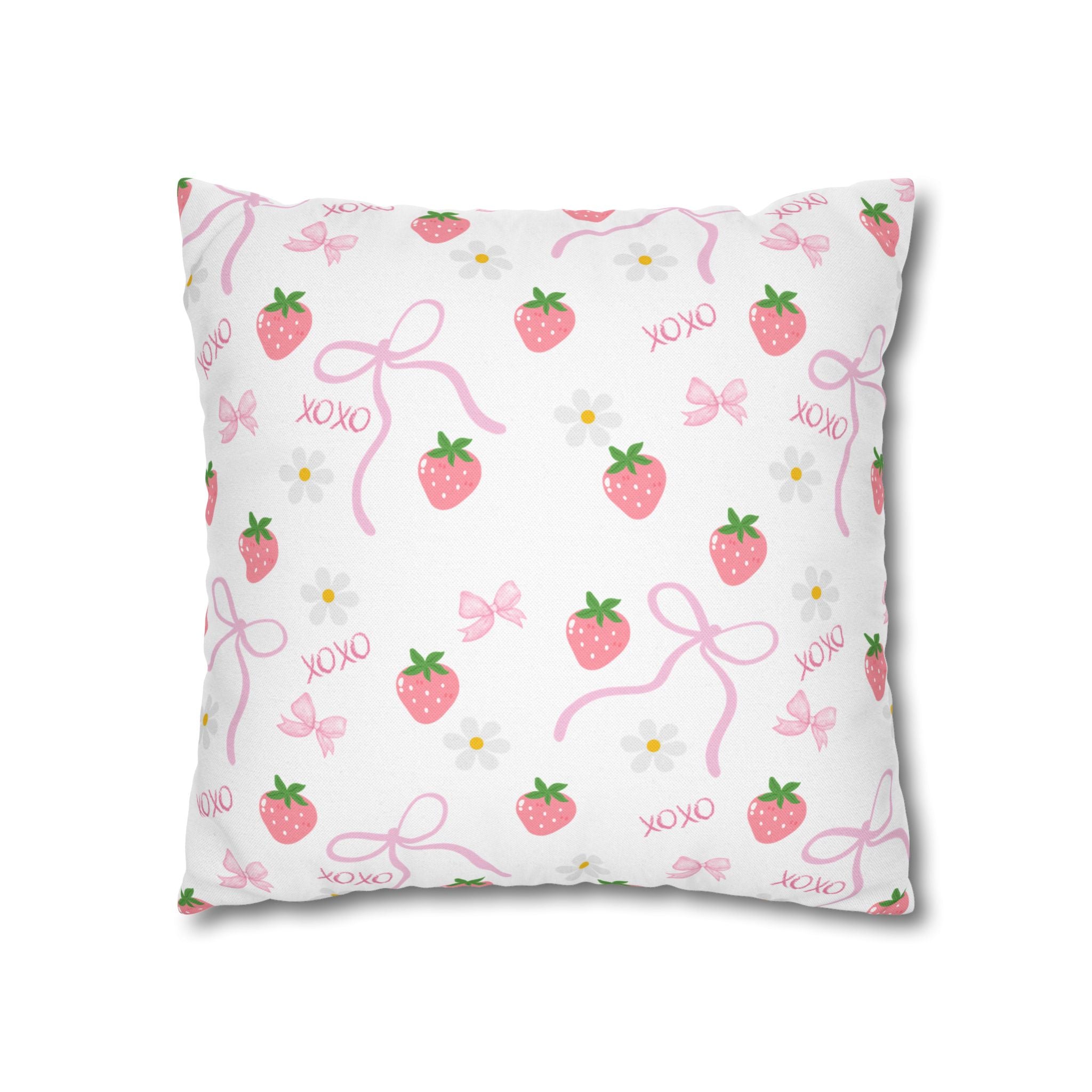 Strawberry Kisses Square Pillowcase — Cute Pink Bow & "XOXO" Decorative Throw Pillow Cover