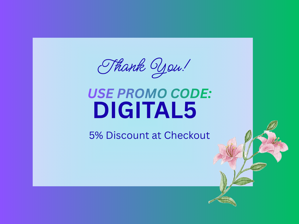 Promotional message with a discount code on a gradient background with floral elements.