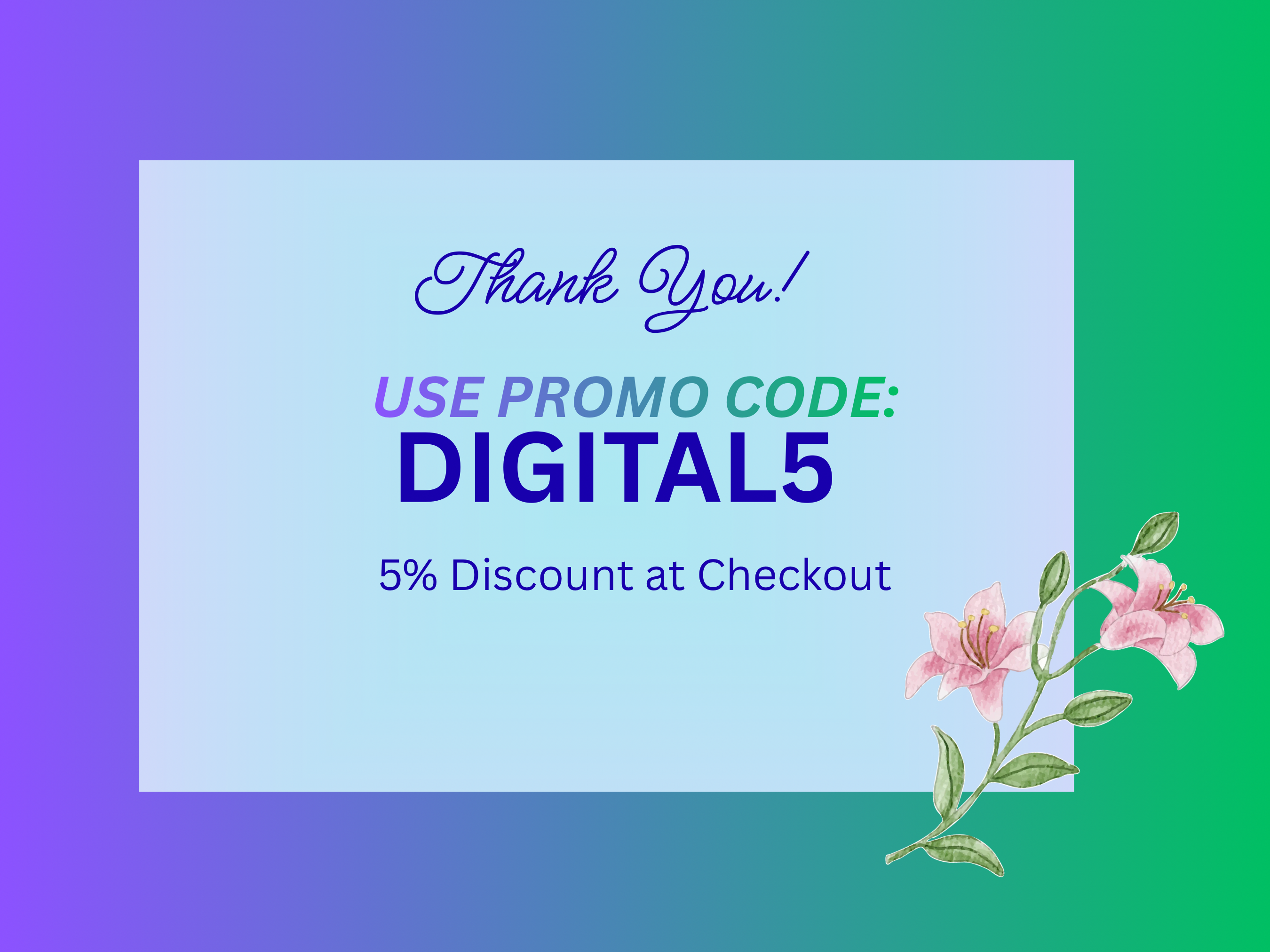 Promotional message with a discount code on a gradient background with floral elements.