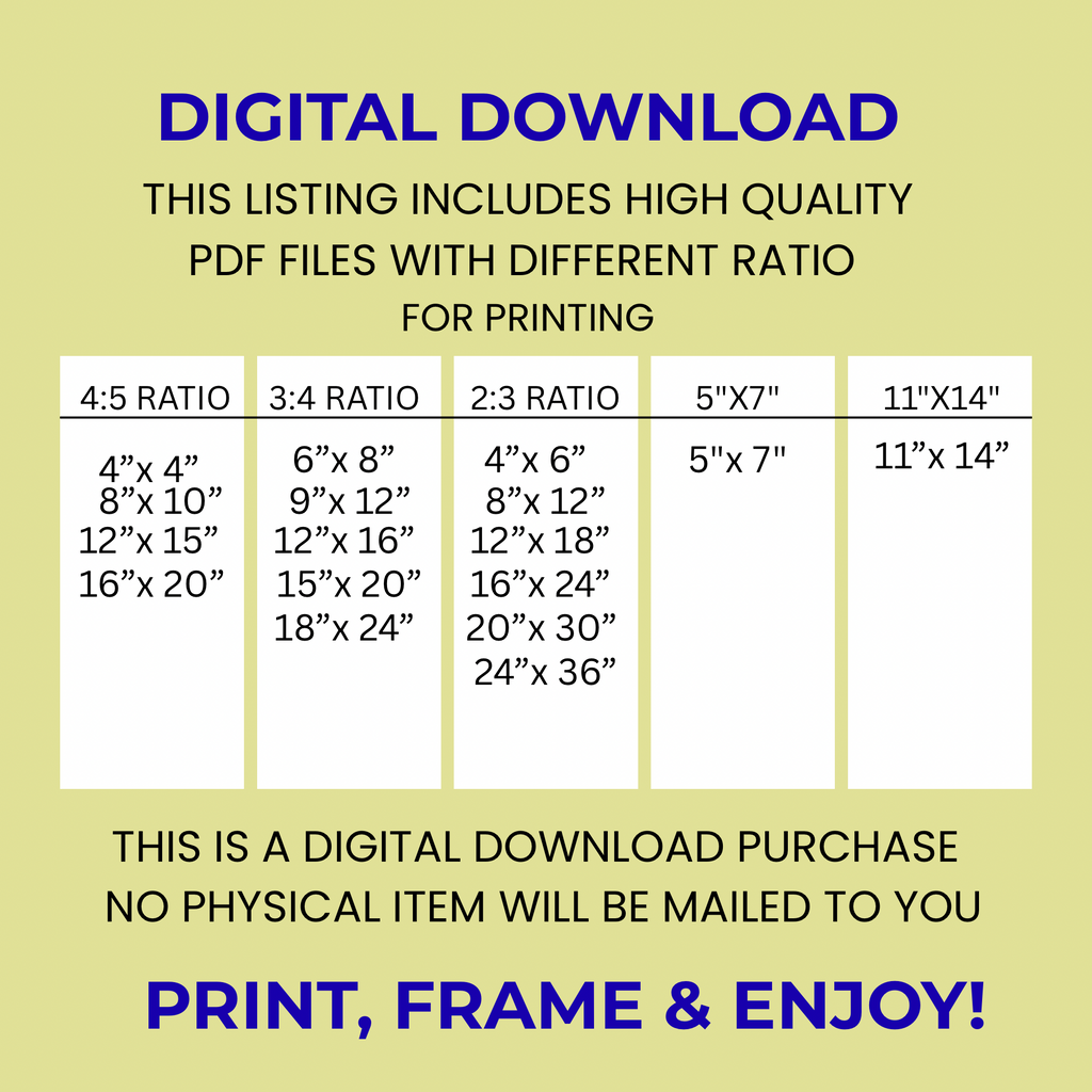 Chart of different aspect ratios and corresponding print sizes on a yellow background with text about digital download and print services.